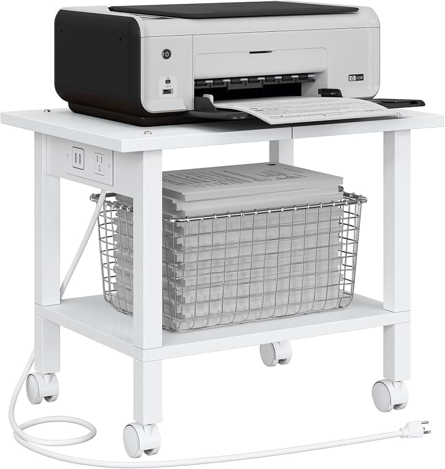 TUTOTAK Printer Stand, 2 Tier Rolling Printer Cart with Charging Station