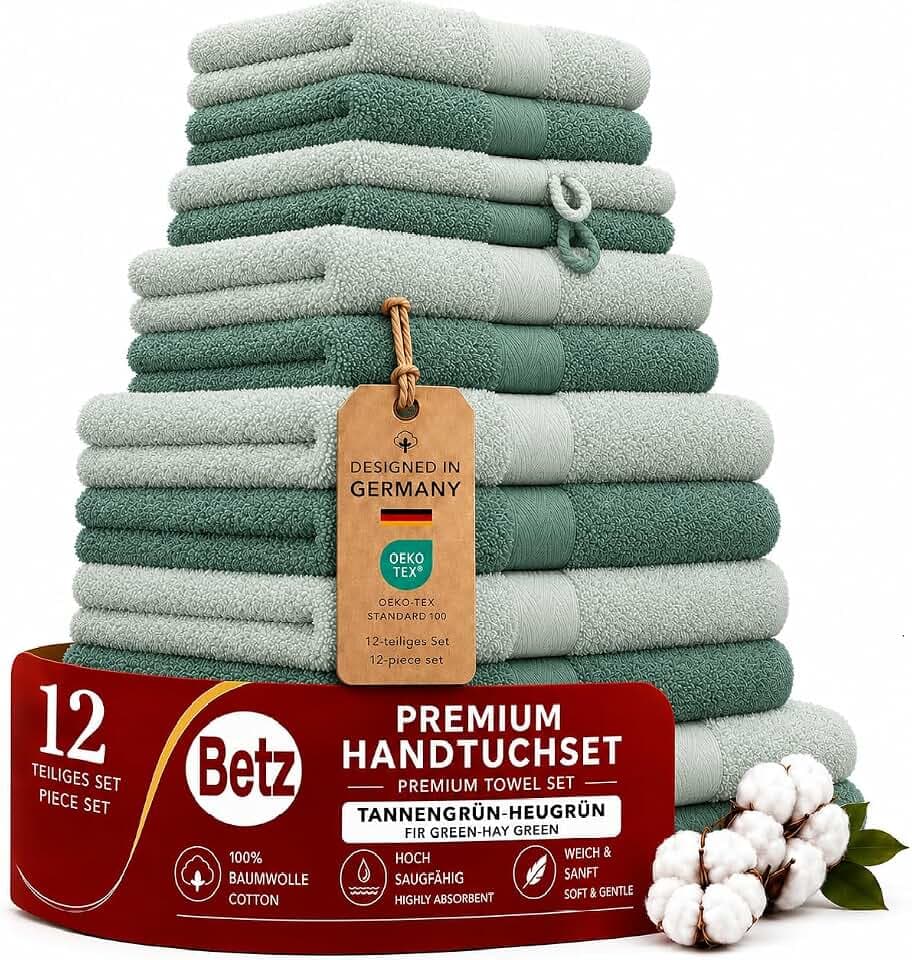 Betz Premium Handtuch-Set 12-teilig – 100% Baumwolle – Oeko-TEX® Zertifiziert – 470 g/m² – 2 Duschtücher, 4 Handtücher, 2 Gästetücher, 2 Seiftücher & 2 Waschhandschuhe - Farbe heugrün/tannengrün