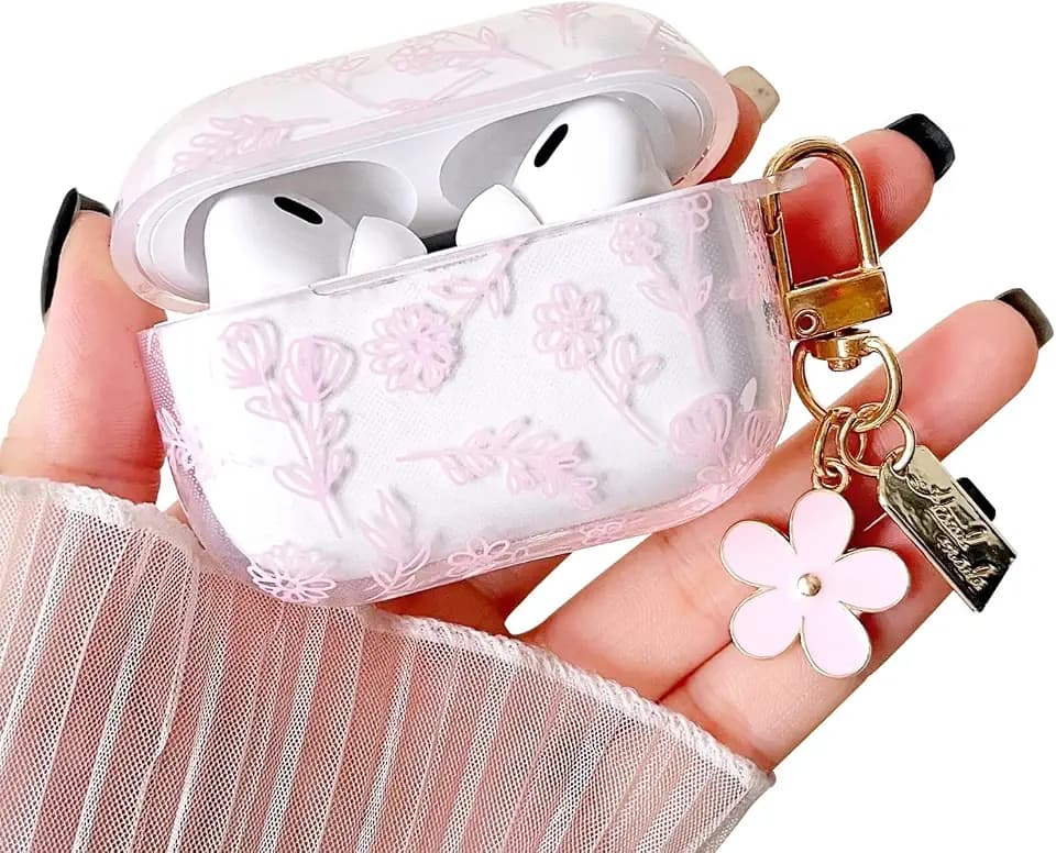 MINSCOSE Compatible with AirPods Pro 2 Clear Case,Cute Flower Floral Aesthetic Design with Flowers Keychain, Soft TPU Protective Shockproof Case for Women Girl for Airpod Pro 2-Pink