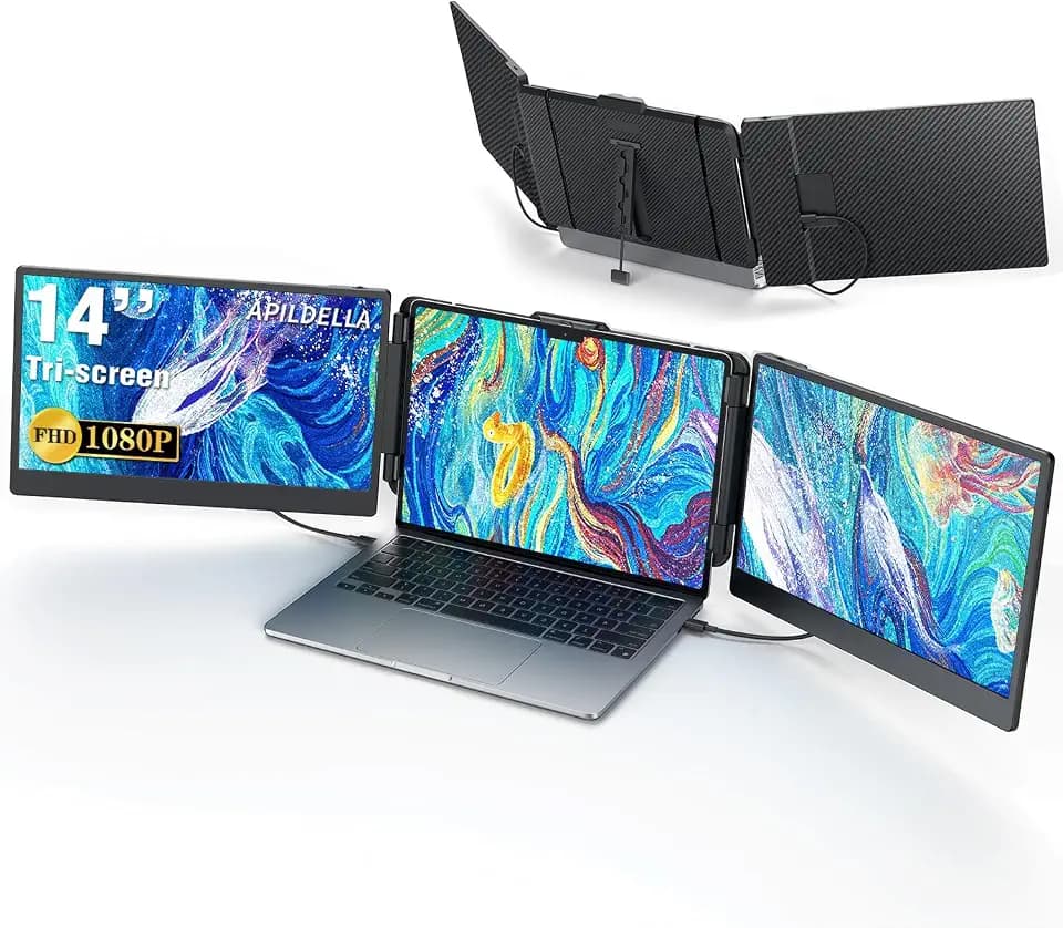 APILDELLA 14’’ Triple Laptop Screen Extender, 1080P FHD Portable Dual Monitor for Laptop USB C HDMI, Plug-Play Monitor Extender for Triple Display for Mac/Windows, Fit 13”-17.3” Laptops