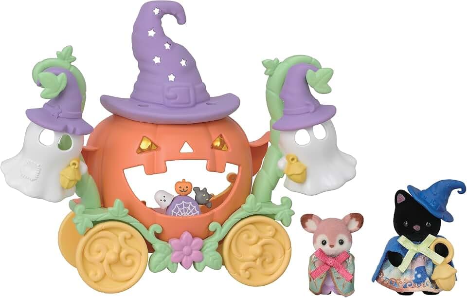 Sylvanian Families, 5869, Kürbiskutschen Spielset, Spielset mit Tierfigur, Sammelfiguren, Tierfiguren, Babytiere, REH, Katze, Spielzeug für Kinder ab 3 Jahren