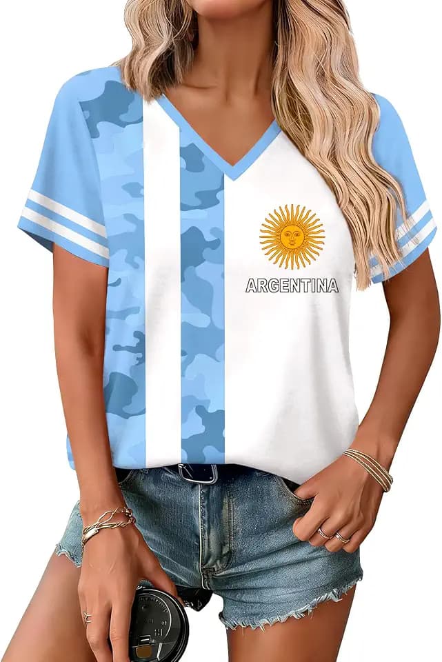 Women's 2026 Soccer Match Day Cup Short Sleeve Graphic Top T-Shirt Sky Blue and White Albiceleste Argentine A4 XXL