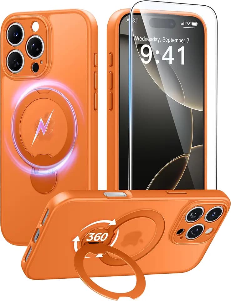 FNTCASE for iPhone 16 Pro Max Case with 360 Spin Magnetic Stand Orange