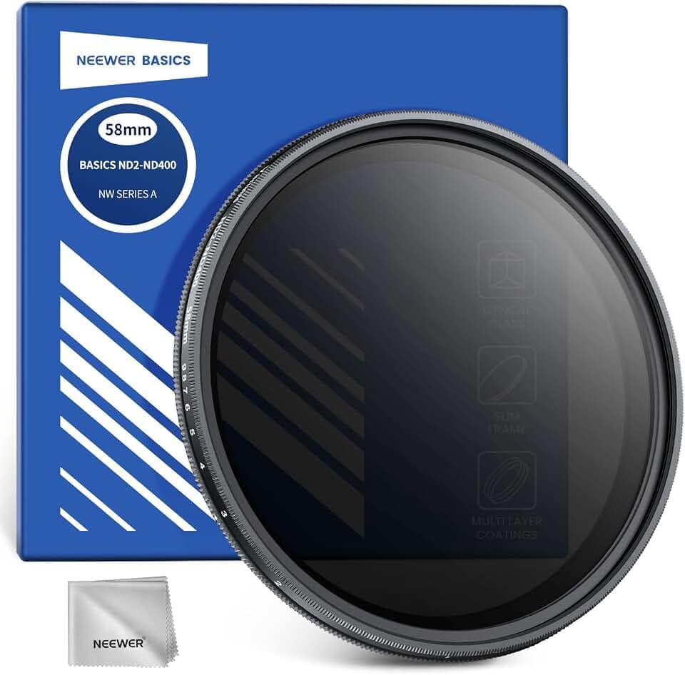 NEEWER BASICS 58mm variabler ND Filter, ND2-400 1-9 Stops Lichtreduzierung, drehbarer variabler Graufilter Neutraldichtefilter mit Anti Fingerabdruck Beschichtung, schlanker Rahmen für Kameraobjektive