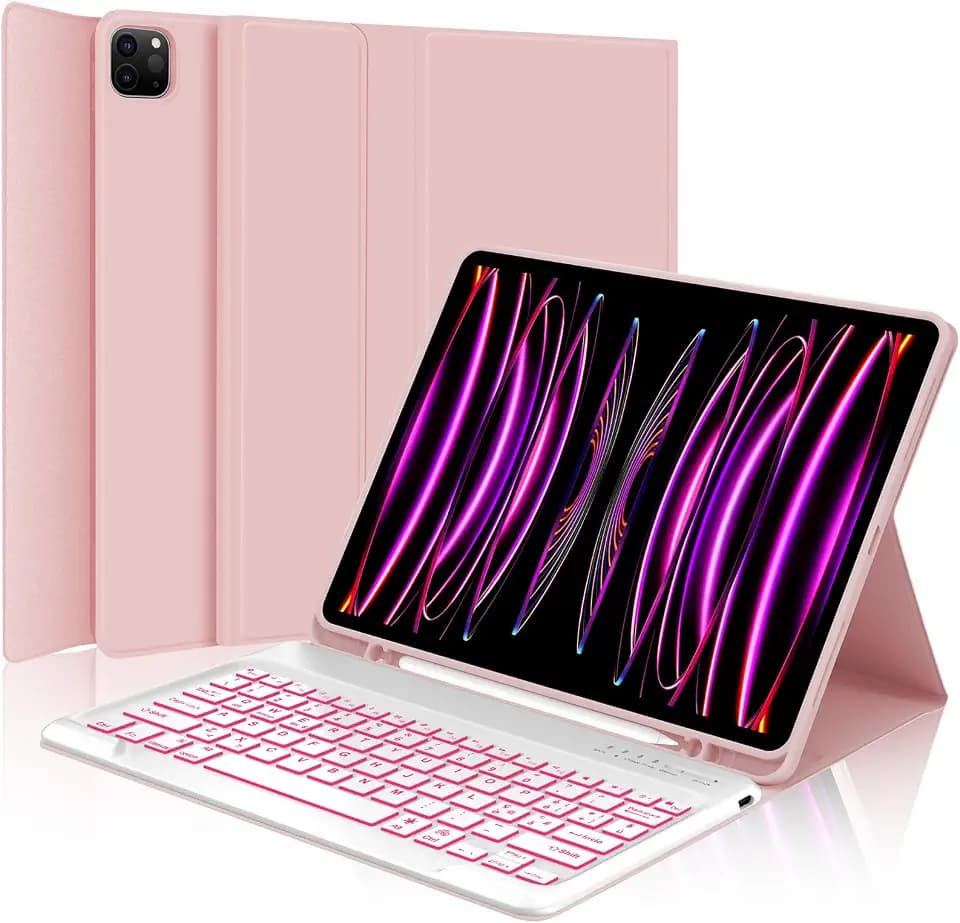 IVEOPPE Tastatur für iPad Pro 12,9, Hülle mit Tastatur für ipad Pro 6. Generation, Bluetooth QWERTZ Magnetische 7-Farbige Beleuchtung Keyboard für iPad 12.9" (6/5/4/3 Gen) 2018-2022, Rosa