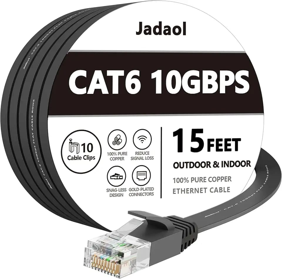 Jadaol Cat6/Cat6A Ethernet Cable 15FT Flat with Clips 10Gbps Network, Black