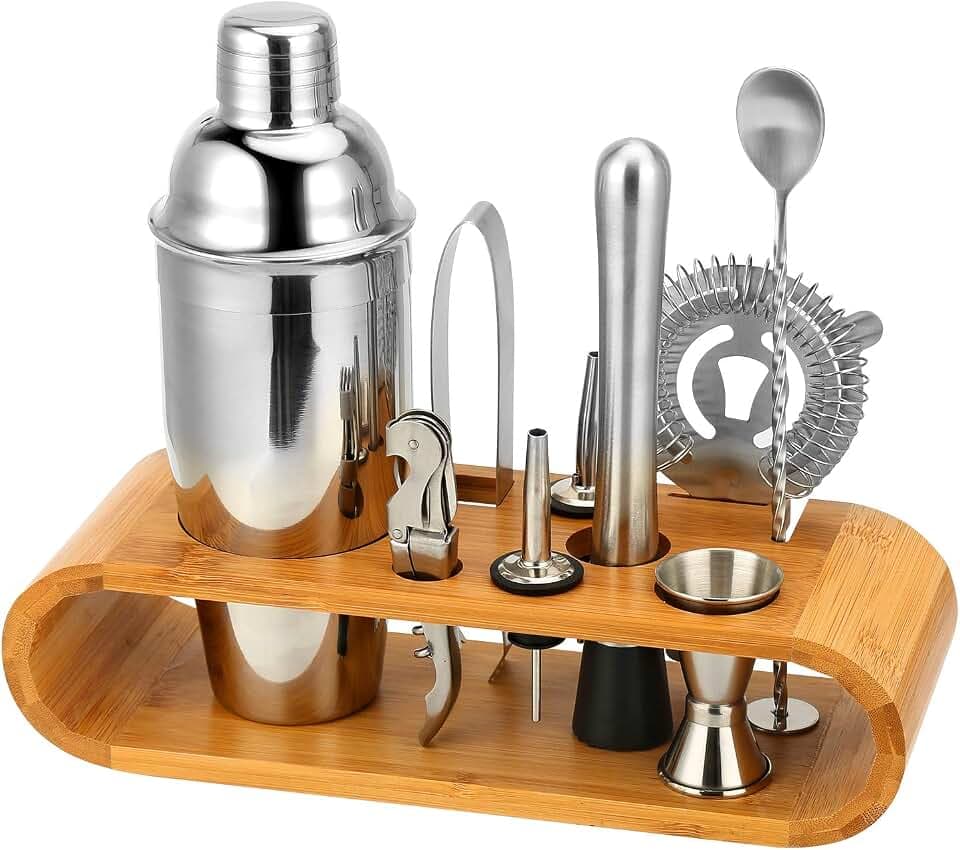 Hochwertiges Cocktailshaker Set, Cocktailmixer Set, 10 Teileig, aus Edelstahl, mit Bambus-Aufbewahrung, inkl. Cocktail-Shaker, Messbecher, Ausgießer, Bar Stößel, Bar Löffel, Eiszange, Öffner, Barmaß