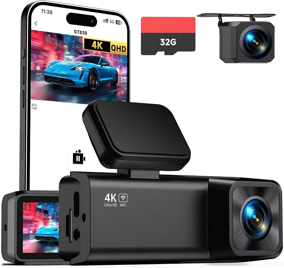 Dash Cam Front and Rear, 4K+1080P Dual Camera for Cars, 32GB Card Included