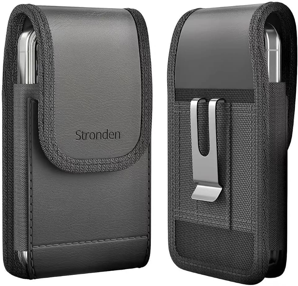 Magnetic Closure Holster for iPhone 18 Pro Max, 17 Pro Max, 16 Pro Max, 16 Plus, 15 Pro Max, 15 Plus, 14 Pro Max, 14 Plus, 13 Pro Max - Leather Nylon Belt Case Pouch (Fits Slim Case on) (Large)
