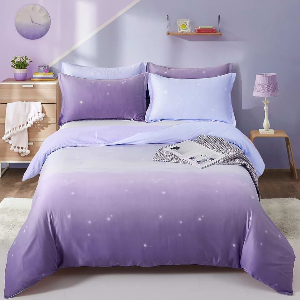 Lila Bettwäsche-Set, Lavendel-Farbverlauf, Bettbezug, Regenbogen-Bettbezug, Kissenbezug mit Reißverschluss, für Kinder, Mädchen, Jugendliche, Erwachsene (Einzelbettgröße: 135 x 200 cm)