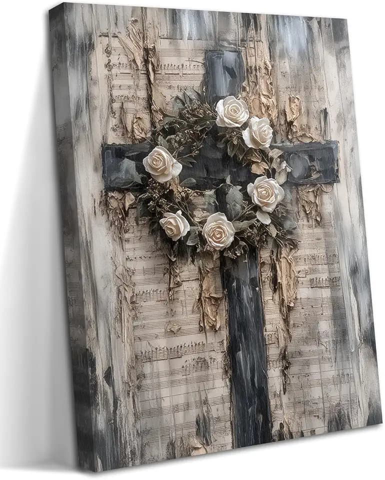 Vintage Cross Christian Wall Art, White Rose Wreath Canvas Paintings Prints Posters Wall Decor, Retro Religious Music Score Church Decor Suitable for Study Prayer Room 16x24 in Framed