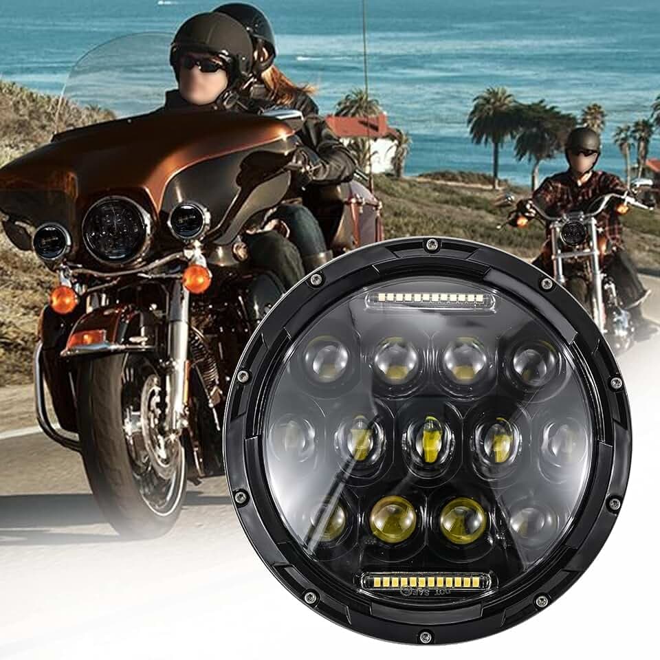 JMTBNO 7 Zoll Motorrad LED Scheinwerfer E Geprüft DRL Runder Fahrlicht 12V Kompatibel mit Harley Road King Street Glide Electra Glide Ultra Limited Softail Trike/Road Star V-Star
