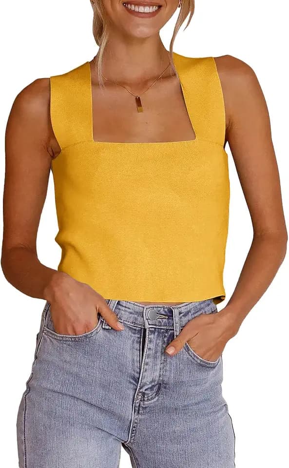 Zwurew Women's Knit Square Neck Tank Tops Sleeveless Sweater Fitted Shirts