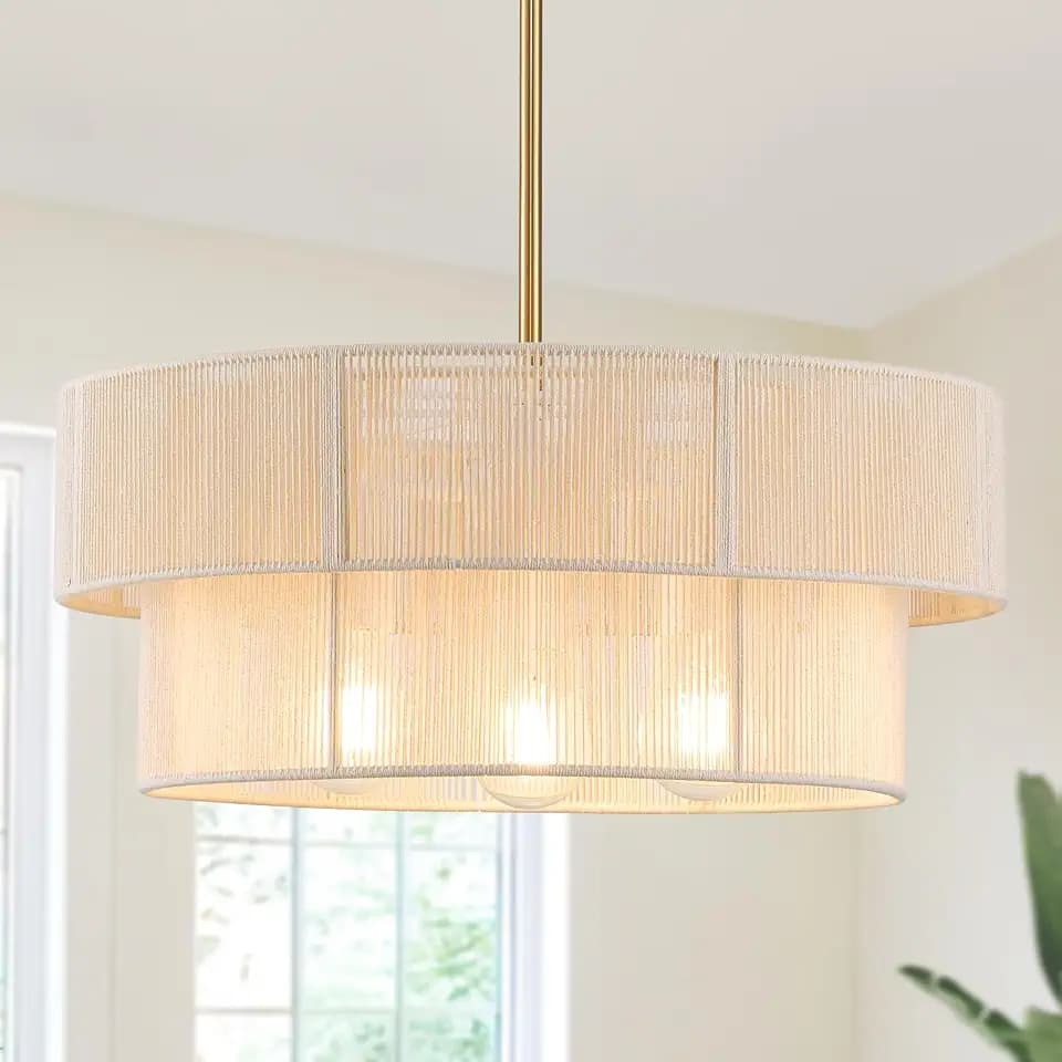 17.7 inchesHand Woven Rattan Chandelier Boho Pendant Light, Adjustable Coastal Hanging Light for Kitchen Island Dining Room Living Room, White, UL Listed