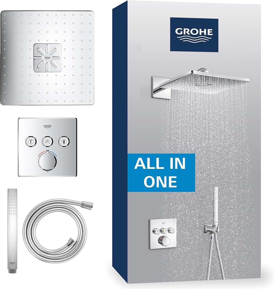 GROHE Precision SmartControl 310, Unterputz Duschsystem (31cm Regendusche mit Thermostat, Kopfbrause 2 Strahlarten, Duschkopf 1 Strahlart, Komplettset, 1,50m Duschschlauch), eckig, chom, 34875000