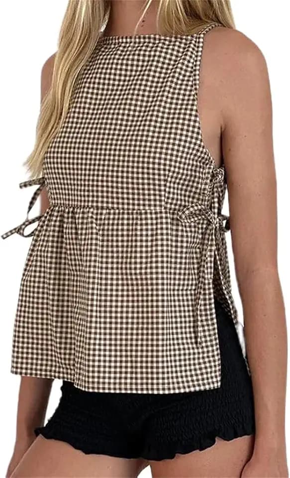 Women Tie Side Tank Top Split Sleeveles Peplum Shirt Cute Boho Beach Blouse