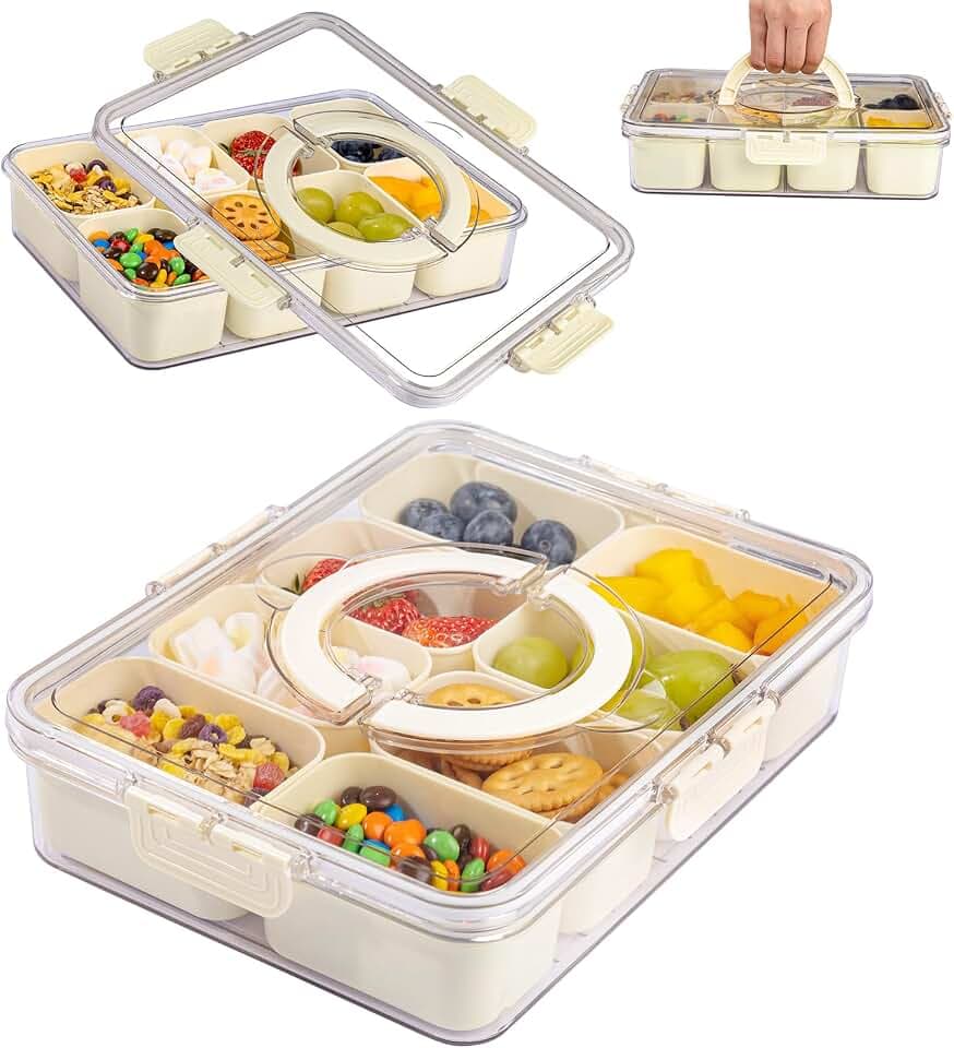 U-QE 2Pcs Dishwasher Safe Snackle Box Container with 8 Small Snacks Box - Premium Ivory Plastic Divided Serving Tray with Lid and Handle for Snack,Veggie,Fruits,Perfect for Party, Picnic, Entertaining