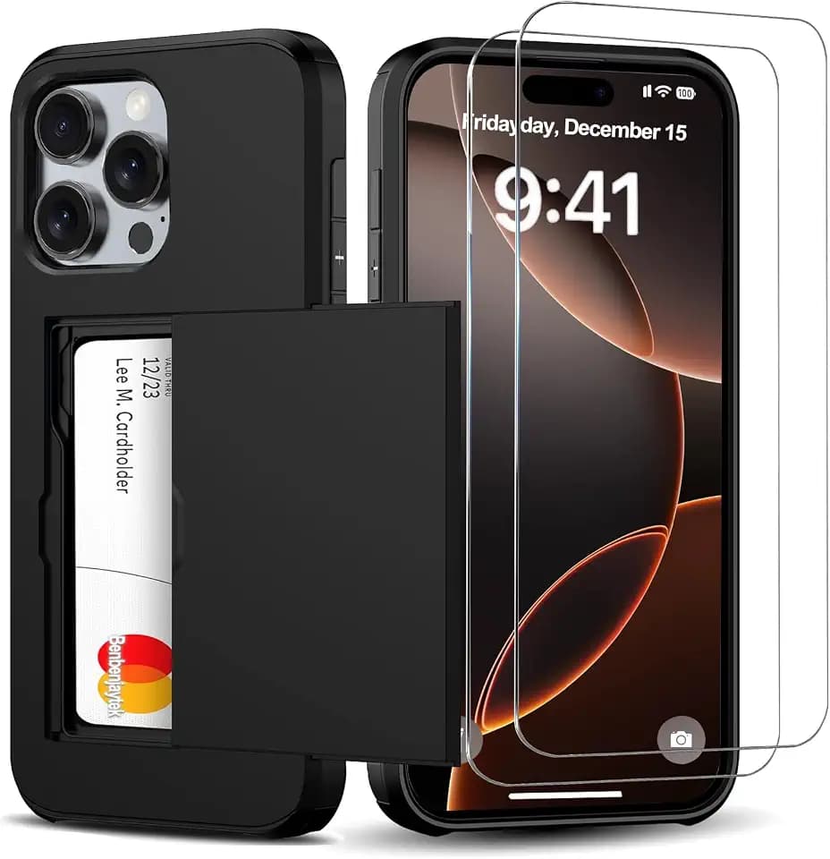 for iPhone 16 Pro Wallet Case with Card Holder + 2 Tempered Glass Screen Protector Protective Shockproof Hidden Card Slot Slim Case Women Men iPhone 16 Pro 6.3″ 2024 (Black)