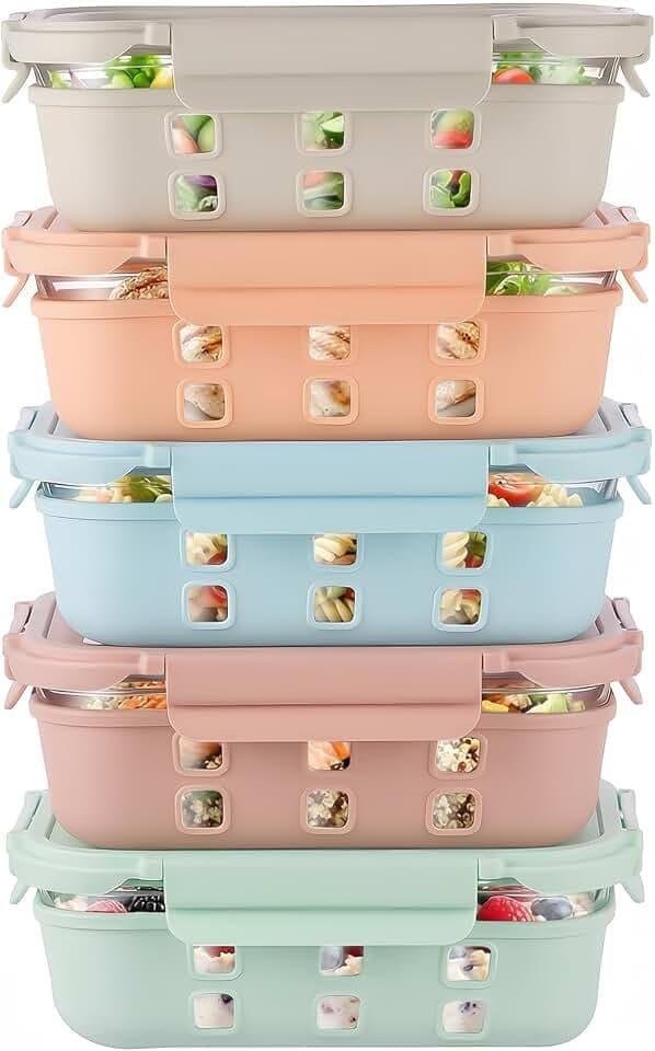 GENICOOK Meal prep boxen Glasdosen mit Glasdeckel & Dampfventil, Borosilikatglas, Silikonhülle in Farben, auslaufsicher, für Meal Prep & Kühlschrank, ofen- & spülmaschinenfest, BPA-frei，1050 ml*5