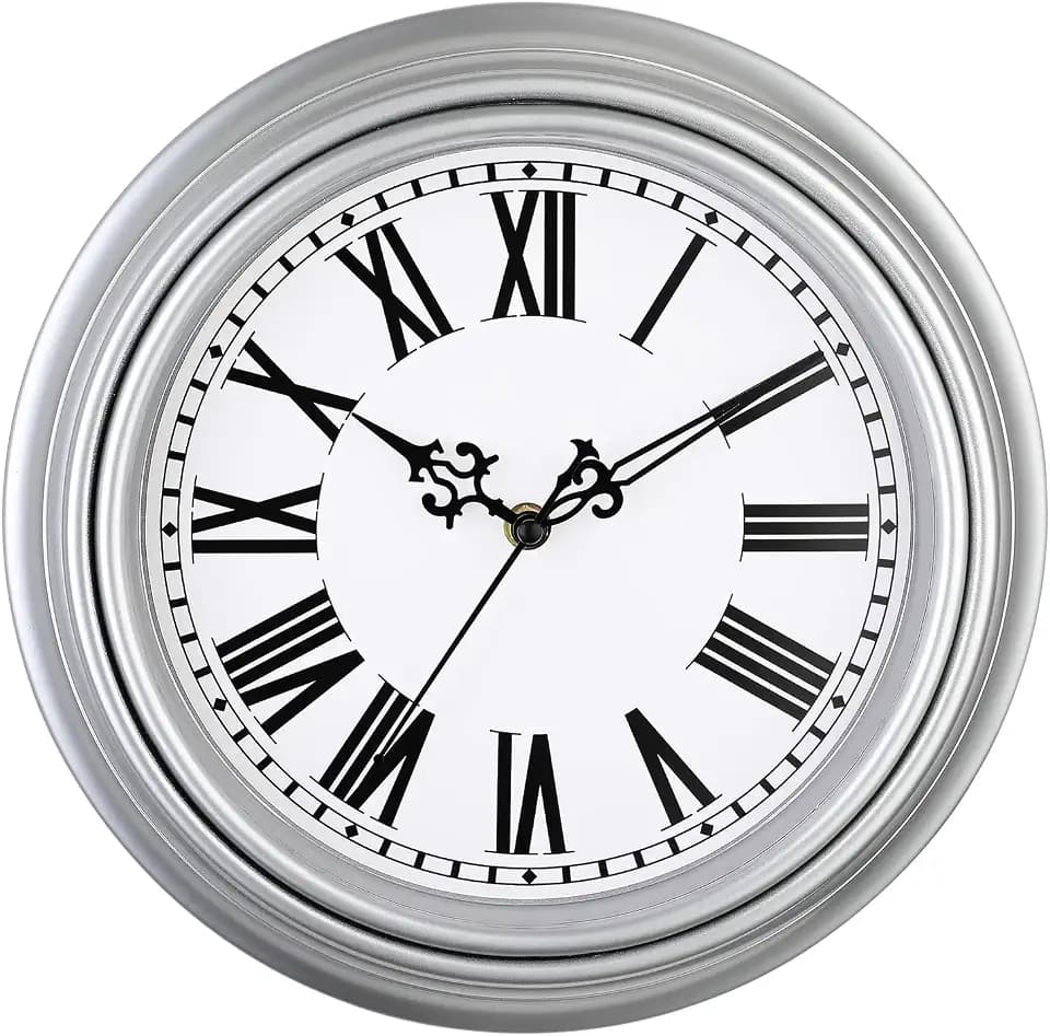 Plumeet Extra Large Retro Wall Clock, 16'' Non Ticking Classic Silent Vintage Wall Clocks Decorative Kitchen Living Room Bedroom, Roman Numerals, Battery Operated, Silver