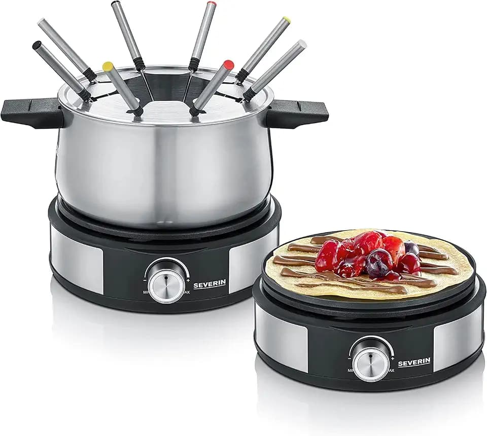 SEVERIN Fondue-Crêpes-Kombination, spülmaschinengeeignetes Fondueset mit 8 farblich markierten Gabeln, Fondue-Crêpes Maker-Kombi aus Edelstahl, schwarz, FO 2471