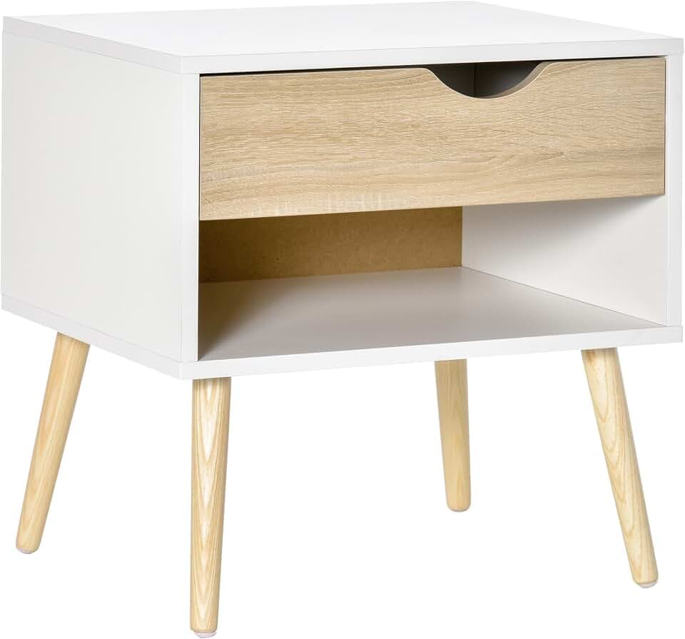 Homcom Nachttisch, Schublade, modernes Design, Spanplatte, Klasse E1, Beine aus Massivholz, 50 x 39 x 51 cm, Eichenholz, Weiß