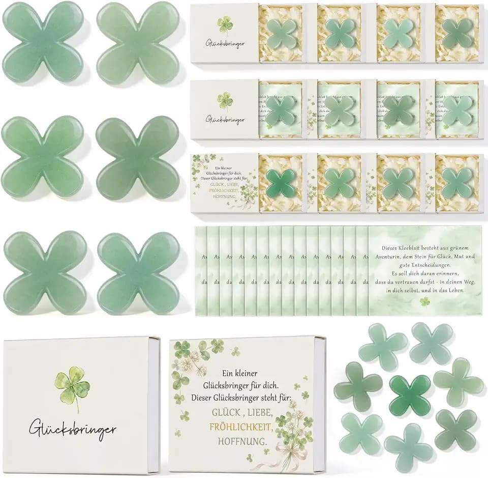 Aventurin Naturstein Geschenkset, 12 Stück Kleeblatt Glückssteine