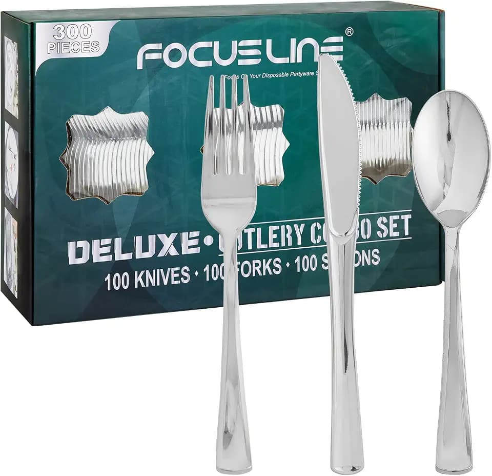 FOCUSLINE 300 Count Silver Plastic Silverware Set, Disposable Cutlery