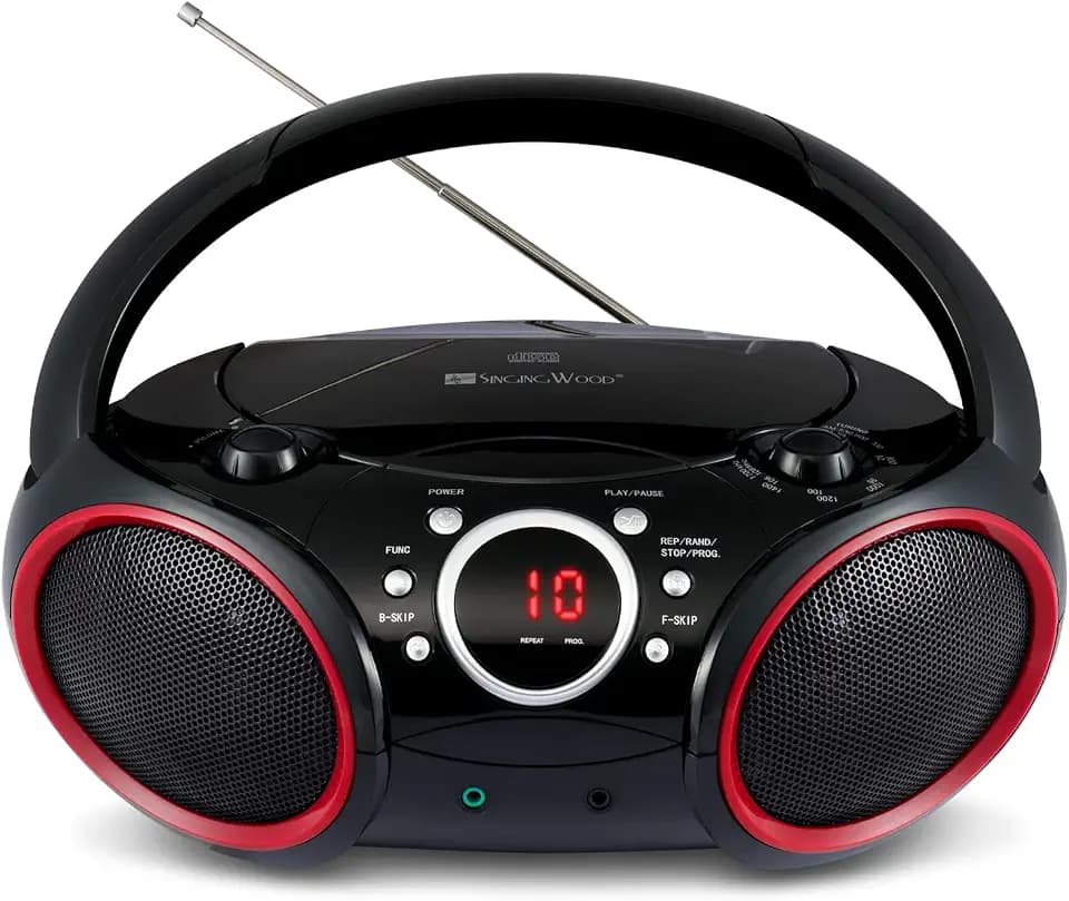 SINGING WOOD SBX030C Portable CD Player Boombox, Black with Red Rims