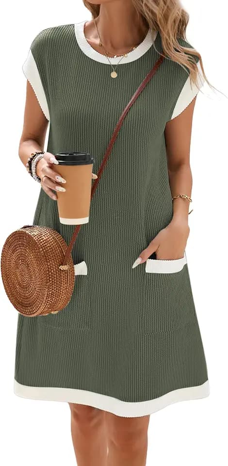 Famulily Damen-Sommerkleid, Freizeitkleid, Farbblock, V-Ausschnitt, Strandkleid mit Taschen, S-XXL