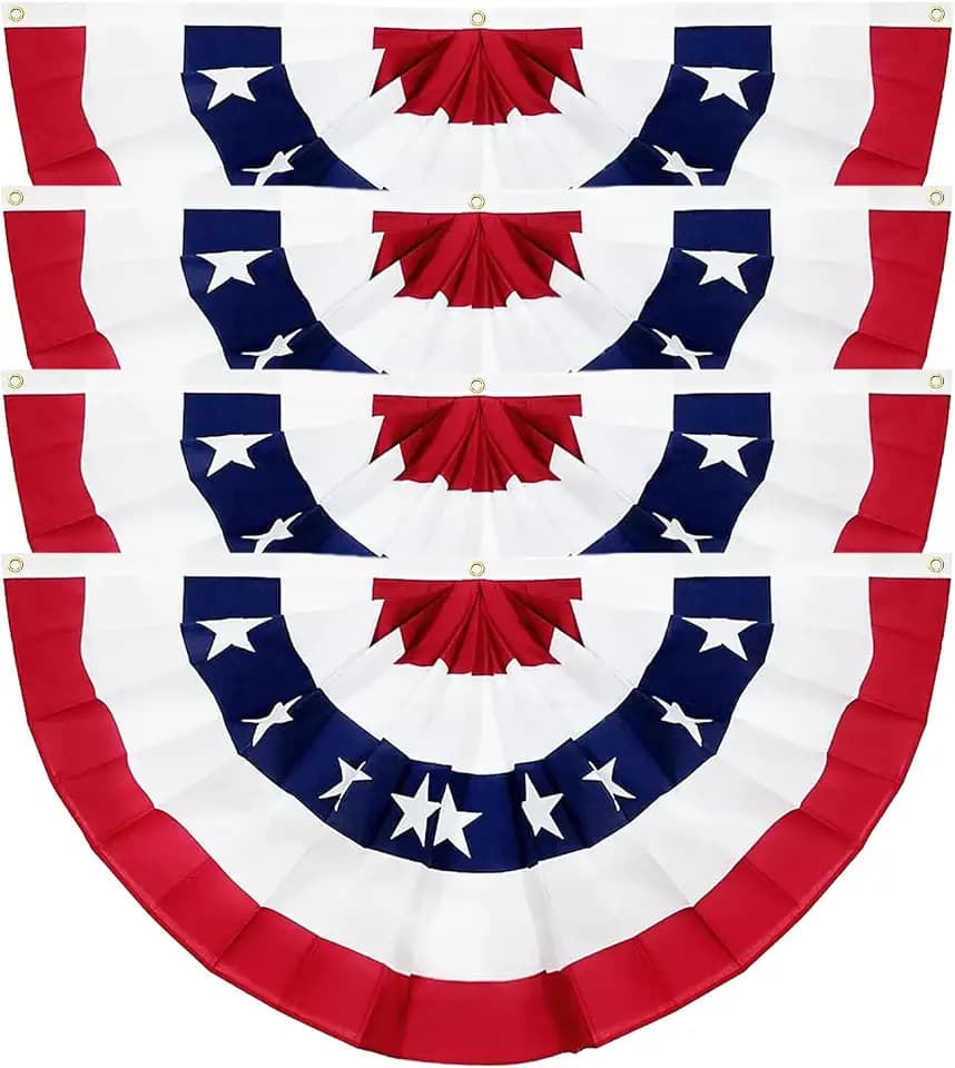 American Flag Bunting, Patriotic Pleated Fan Flag with Brass Grommets, Ideal for 4th of July, Memorial Day & 250th Independence Day Anniversary, Porch & Outdoor Decor (2x4 Feet - 4PCs)