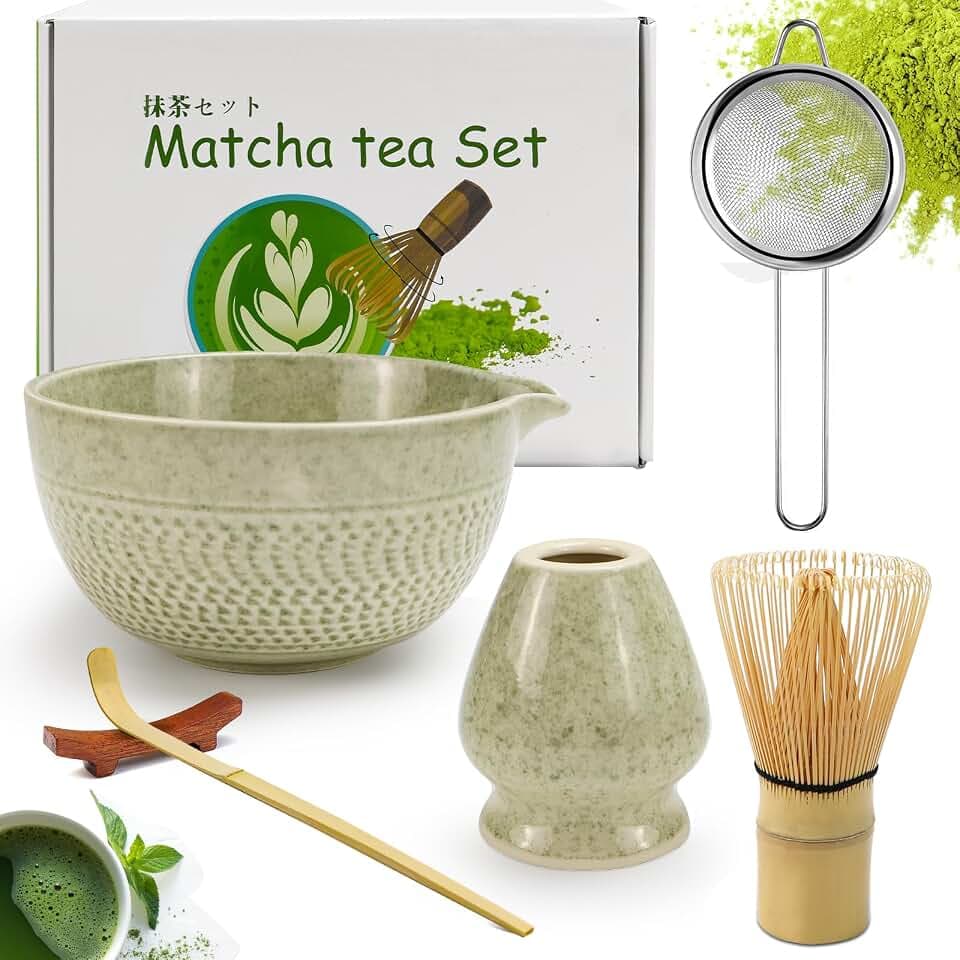 Rierousy Matcha Besen 6-Teiliges Set, Matcha Schüssel mit Auslauf, Matcha-Schneebesen, Matcha Löffel,Matcha Whisk, Keramik Matcha Tea Set mit Sieblöffel aus Edelstahl (Matcha Farbe)