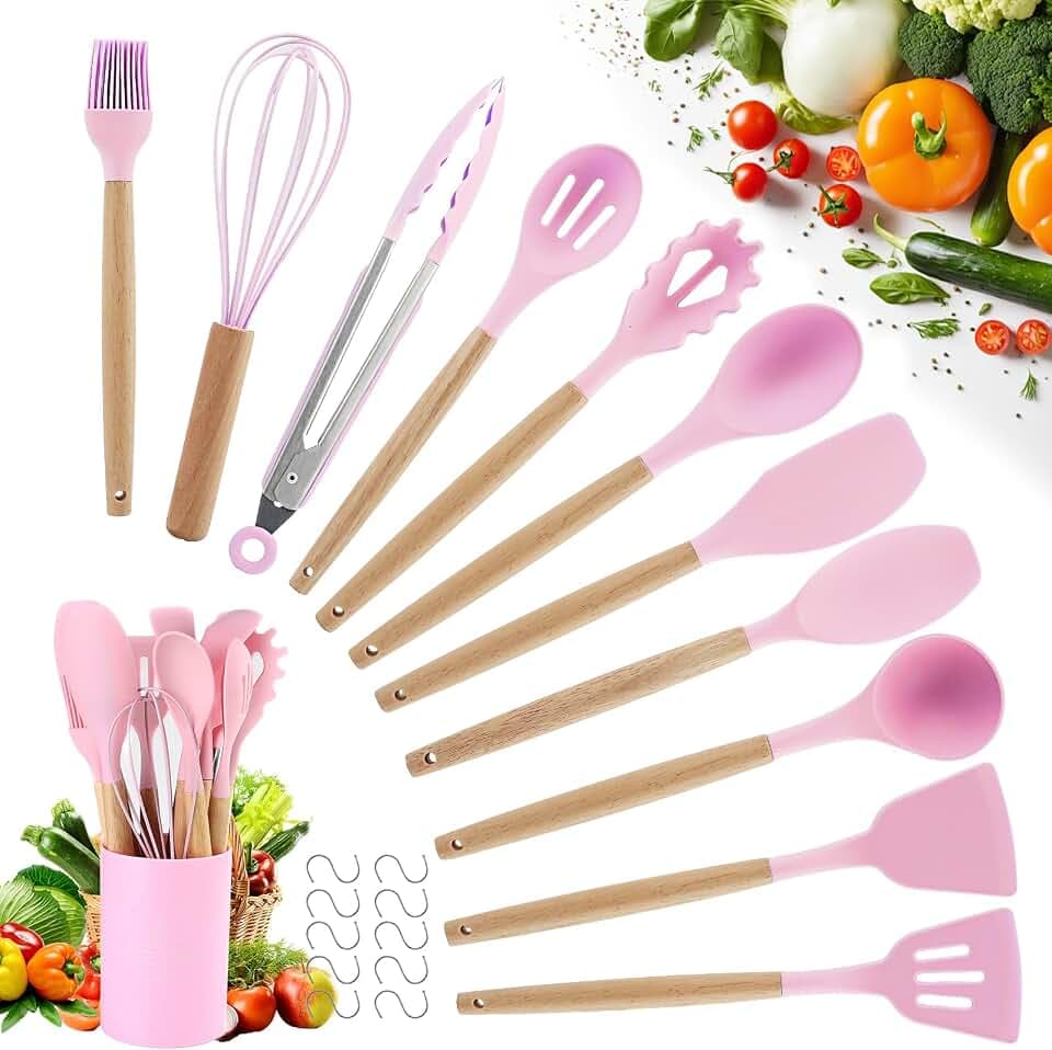 Küchenutensilien Set - 22 Stücke Silikon Küchenhelfer - Küchen Hitzebeständiger Kochbesteck Set - Pfannenwender Set - mit Utensilienhalter und 10 S Haken (Rosa)