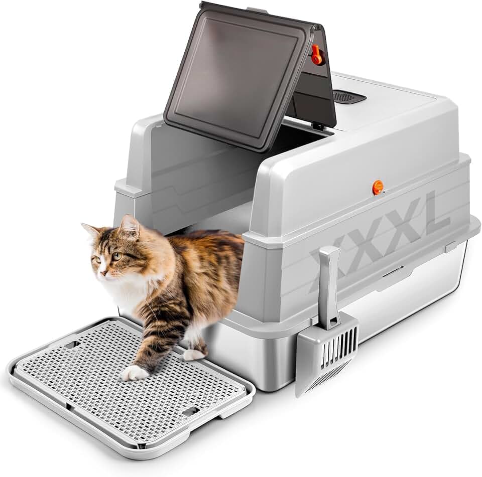 Extra große Edelstahl Katzenklo mit Deckel, 71 x 51 x 43CM XXXL geschlossene Metall Katzentoilette mit Streuschaufel & Fußpedal, Geruchskontrolle, einfache Reinigung(Hellgrau)