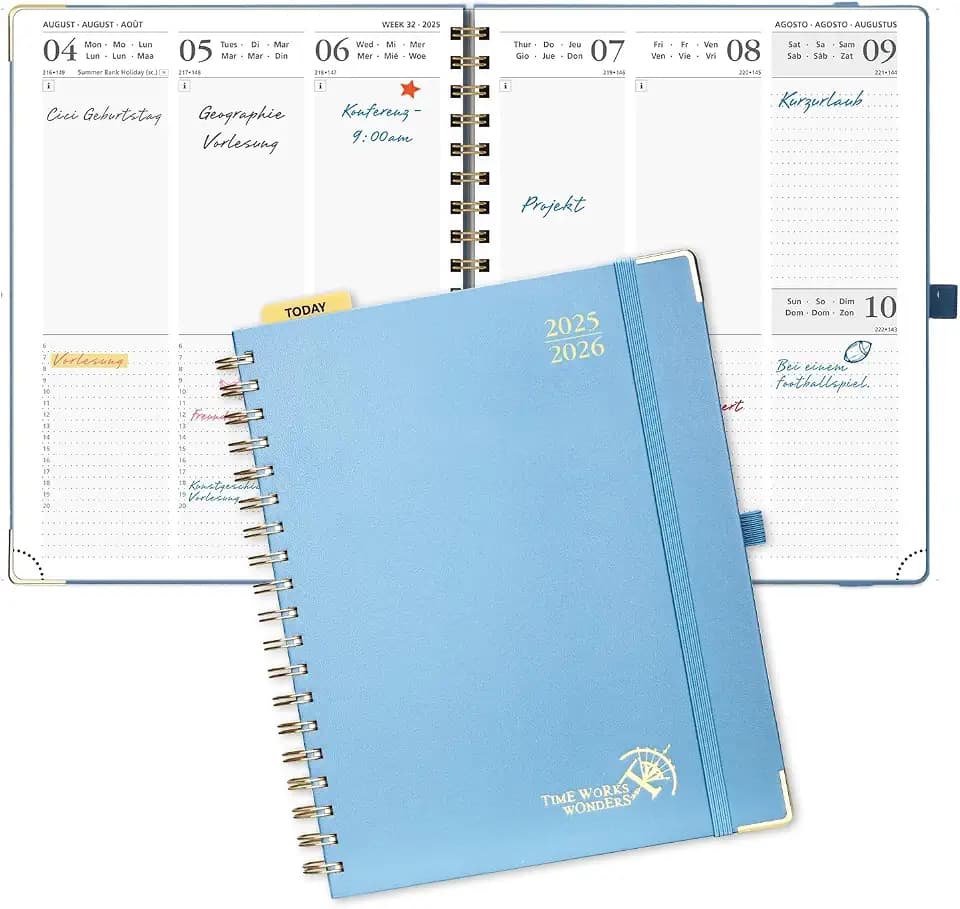 POPRUN Kalender 2025 2026 Buchkalender Ringbuch mit Hardcover, ca. A4 (25,5 x 20,5 cm), 17-Monate-Terminplaner (Aug.2025-Dez.2026), Wochenplaner 2025 2026 mit Plastiklineal - Dunstblau