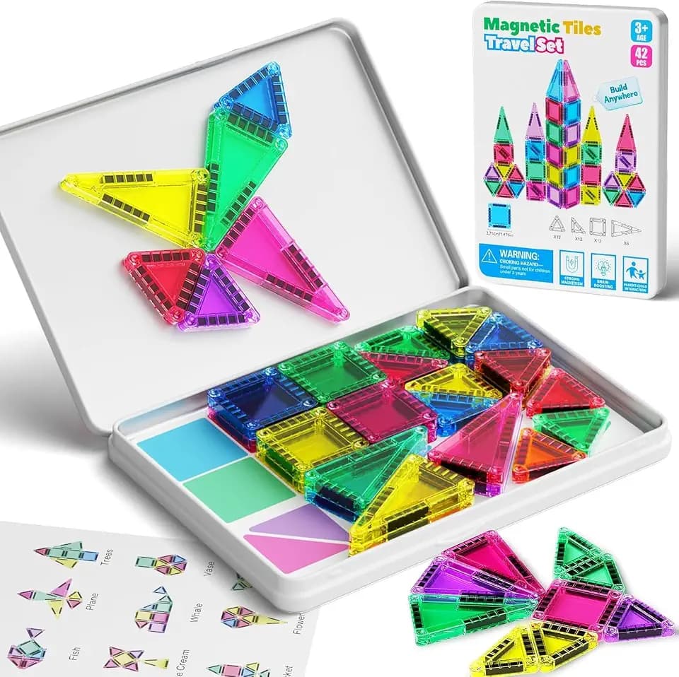 Magnetische Tiles Konstruktion Set 42pcs Reisespielzeug für Kinder Tragbar Reisen MINI Magnetische Fliesen Spielzeug Magnetische Baukasten Montessori Spielzeug Geschenk für 3+ Jahre Kleinkinder