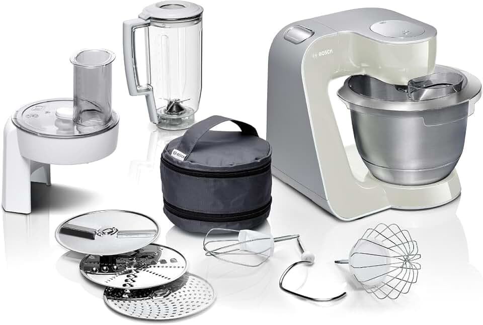 Bosch Küchenmaschine Serie 4, Edelstahl-Schüssel 3,9 L, Knethaken, Schlag- und Rührbesen Edelstahl, spülmaschinenfest, Mixer 1,25 L, Durchlaufschnitzler, 3 Scheiben, 1000 W, grau, MUM58L20
