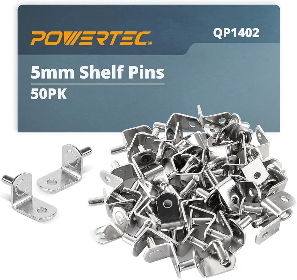 POWERTEC QP1402 5mm Shelf Pegs 50 pcs, L-Shaped Bracket with Hole Shelf Pins Support Pegs for Shelves, Kitchen Cabinet Shelf, Bookshelf, Closet and Furniture, Nickel Plated Shelf Holders Pegs