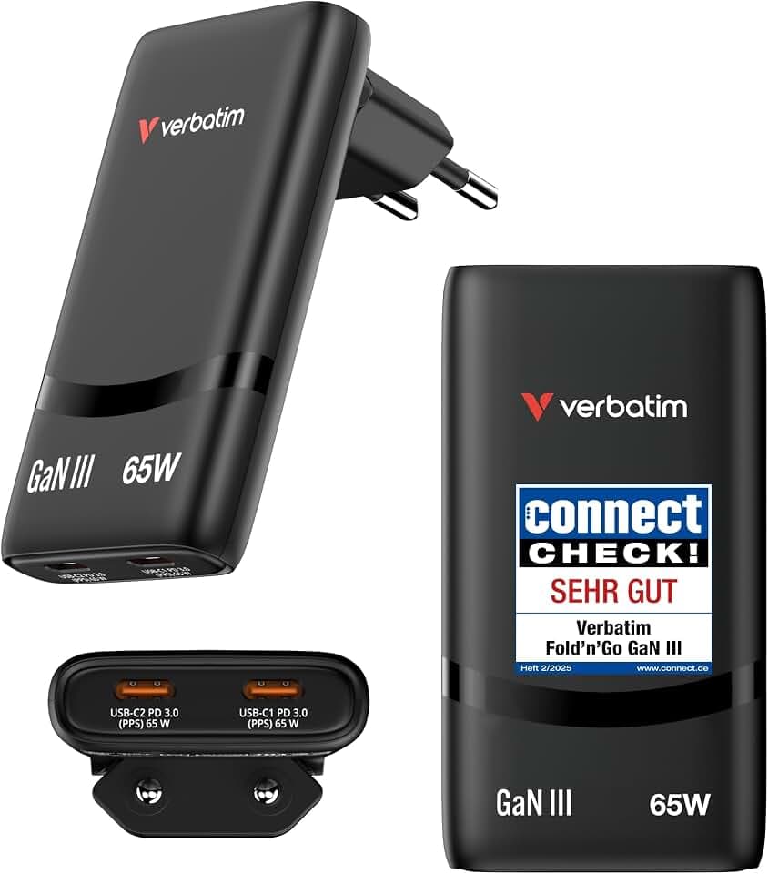 Verbatim Fold 'n' Go GaN Ladegerät 65W 2X USB-C PD 3.0 Faltbar Schwarz