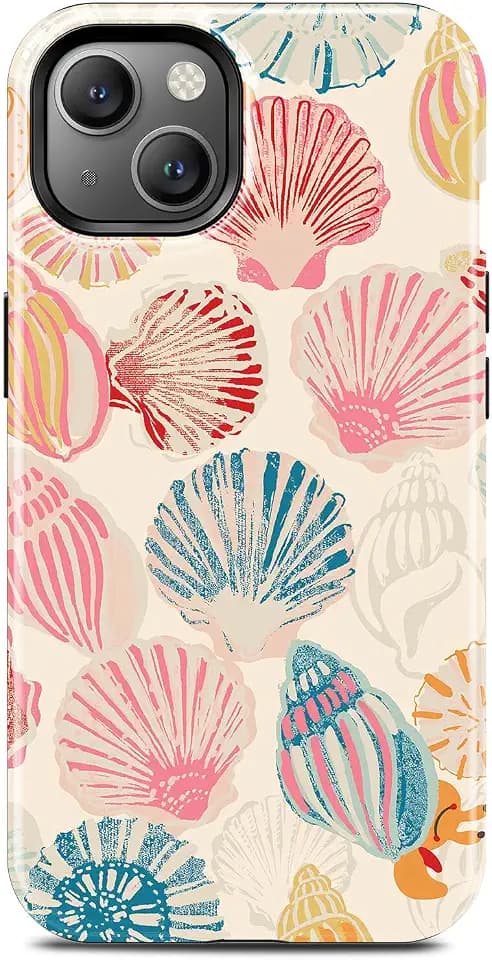 Cute Pink Seashell Art Phone Case for iPhone 14, Compatible with Magsafe, Trendy Ocean Summer Coastal Beach Aesthetic Magnetic Slim Silicone Shockproof Protective Women Girl Cover Case