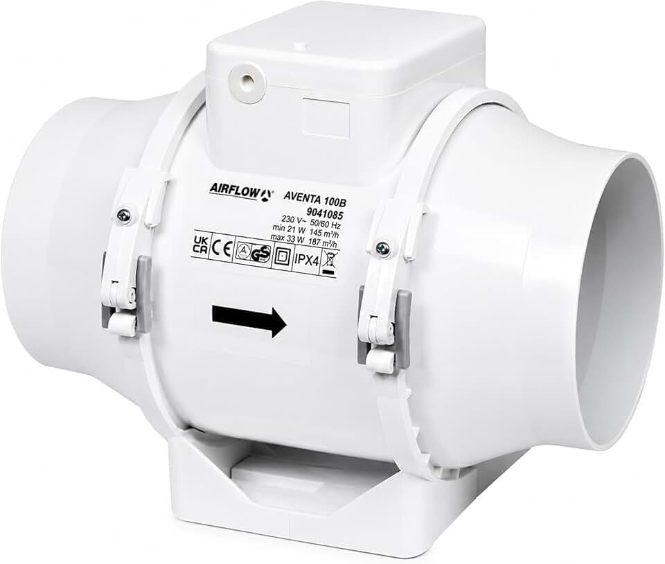 Airflow Aventa 100B In-Line Lüfter – 2-Stufen, Mischstrom, 100mm Rohranschluss, Energiesparend 21W, Luftstrom 145–187 m³/h, IPX4 Schutzart, Kompaktes Design (190x246x126mm), 3 Jahre Garantie