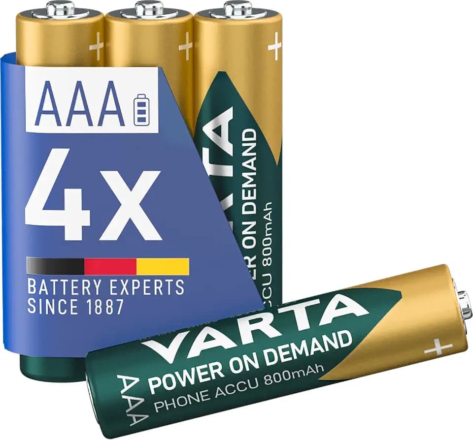 VARTA Batterien AAA, wiederaufladbar, 4 Stück, Recharge Accu Phone, Power on Demand, 800 mAh NI-MH Akku, vorgeladen, für schnurloses Telefon