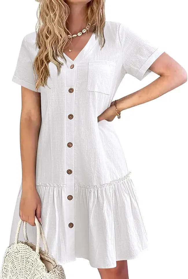HOTOUCH Damen-Kleid, Knopfleiste, locker, Sommer, Baumwolle, Leinen, Rüschensaum, Freizeitkleid, kurzärmelig, Tunika-Kleid
