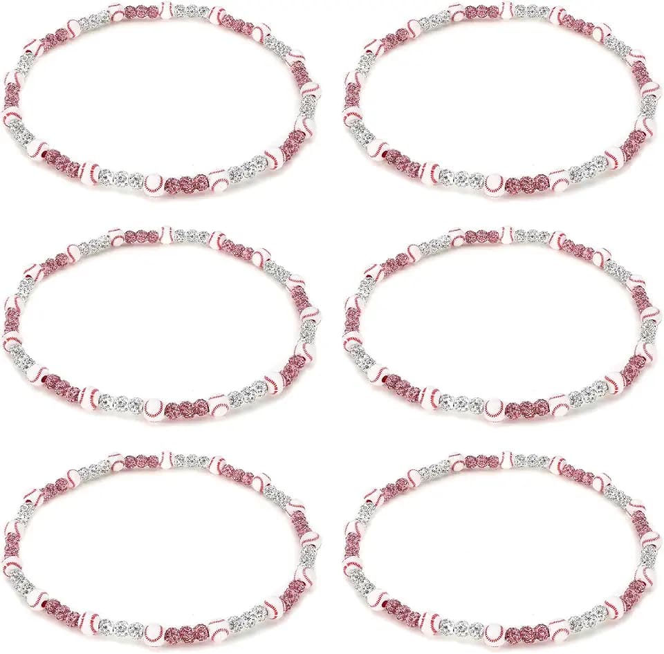 6 Pcs Bling Baseball Beaded Necklace Ice Collection Baseball Necklace Gifts for Baseball Team Lovers Fans