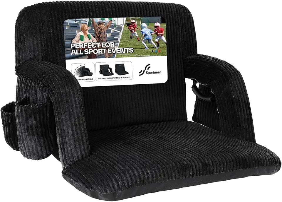 Sportneer Stadium Seats with Back Support: 24'' Extra Wide 2.8" Thick Padded Corduroy Cushion Bleacher Seat with 6 Adjustable Angle, 2 Large Pockets & 2 Cup Holders, Armrest for Sport Events - 1 Pack