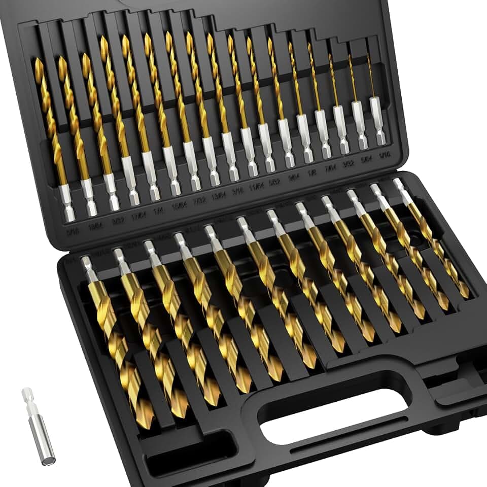30Pcs(1/16" - 1/2") Hex Shank Titanium Twist Drill Bit Set