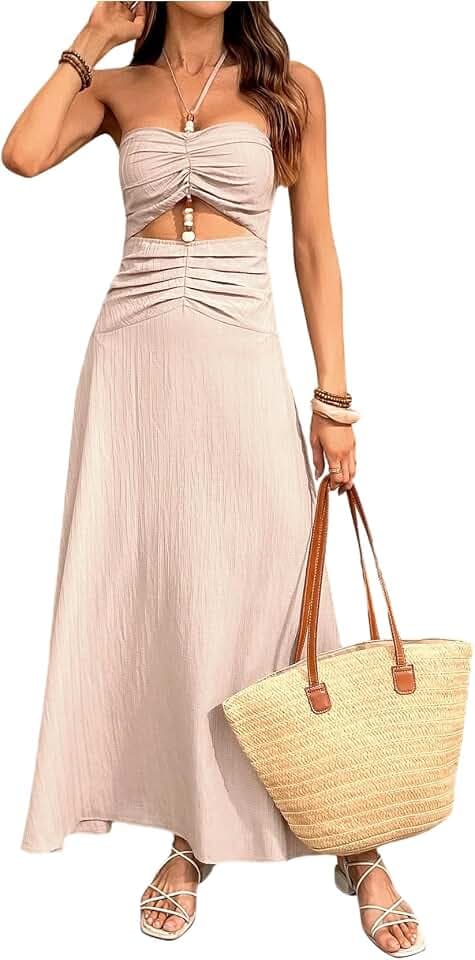 SOLY HUX Women's Ruched Cut Out Beaded Halter Flowy Maxi Dress
