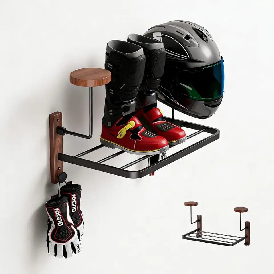 Helmhalterung Wand, Motorrad Garderobe, Motorradhelm Halterung Wand, Helm Halterung Wand für Motorrad Fußball Taktische Ausrüstung Geeignet, Hergestellt aus Edelstahl und Holz