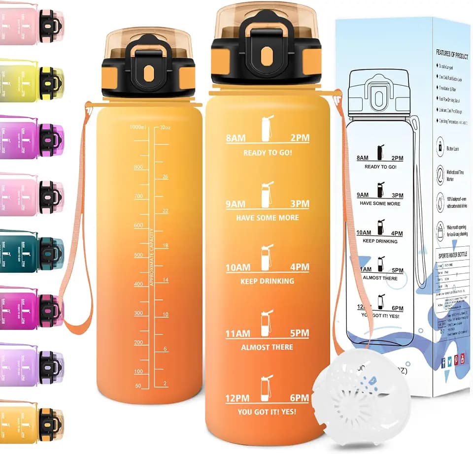 Trinkflasche, 1000ML BPA-Frei, Wasserflasche, Auslaufsicheres Schlossdesign, Flasche, Trinkflasche Sport Mit Zeitmarkierung, Trinkflaschen für Camping, Fitnessstudio Auslaufsichere - Bernstein&Orange