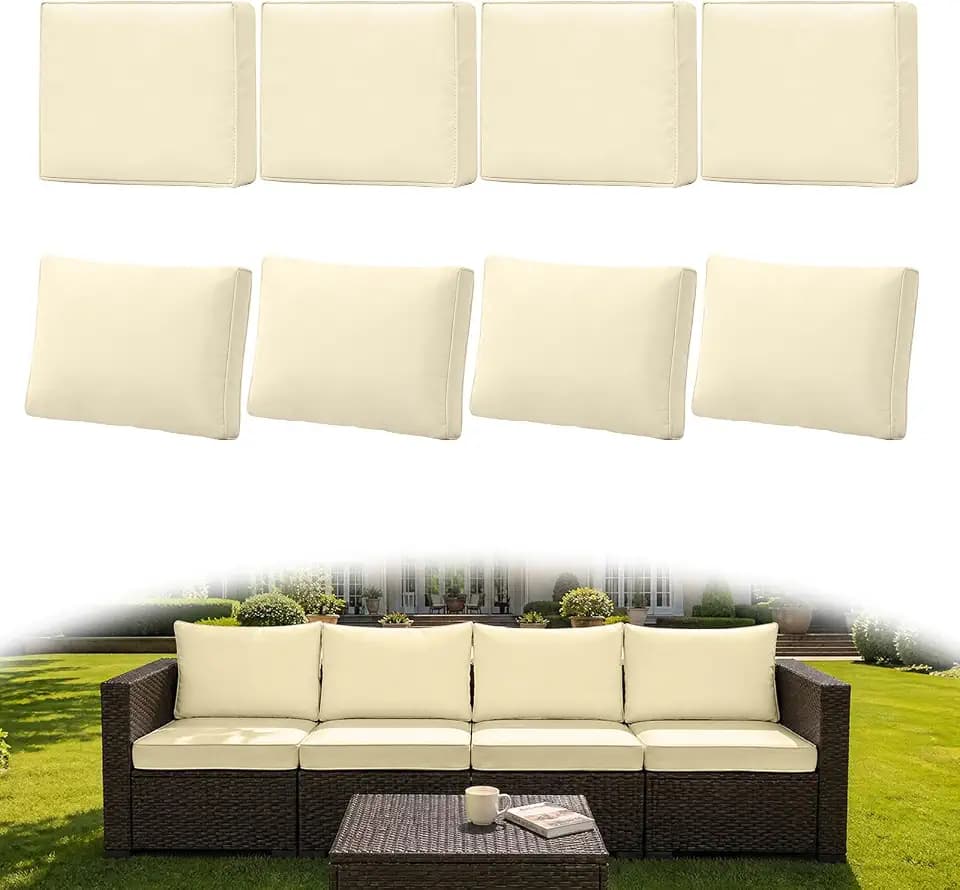 8Pcs Outdoor Couch Cushion Covers with Zipper, Water-Resistant Patio Cushion Covers, Max Compatible 25.6x25.6x4 Inch Patio Cushion, Full Coverage, Non-Stretch, UV-Resistant, Only Cover